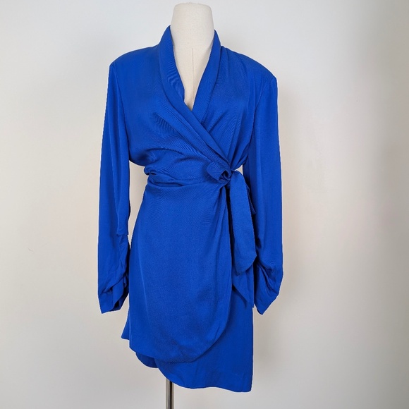 Zara Royal Blue Blazer Dress Wrap Front Mini Asymmetrical Long Sleeve Gathered - Picture 10 of 12